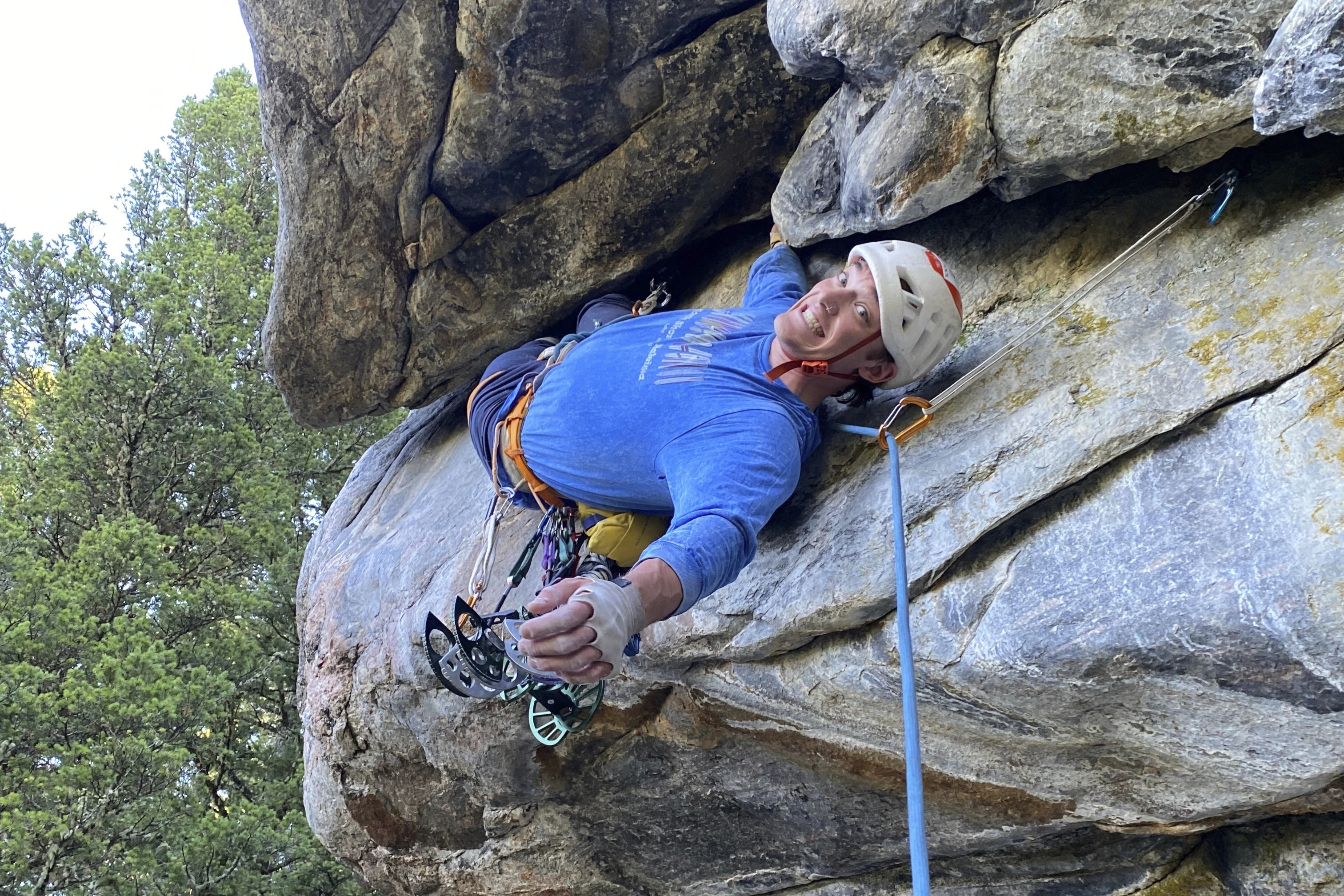This photo courtesy of Dylan Miller shows Alaskan climber Balin Miller climbing the route "Croc’s Nose" at Crocodile Rock in Hyalite Canyon near Bozeman, Mont., Sept. 29, 2024. 