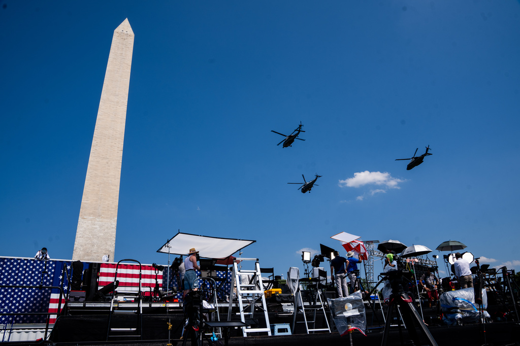 U.S. Marine Corps aircraft fly over the National Mall during an Independence Day event honoring the nation's 250th anniversary, Saturday, July 4, 2026, in Washington. 