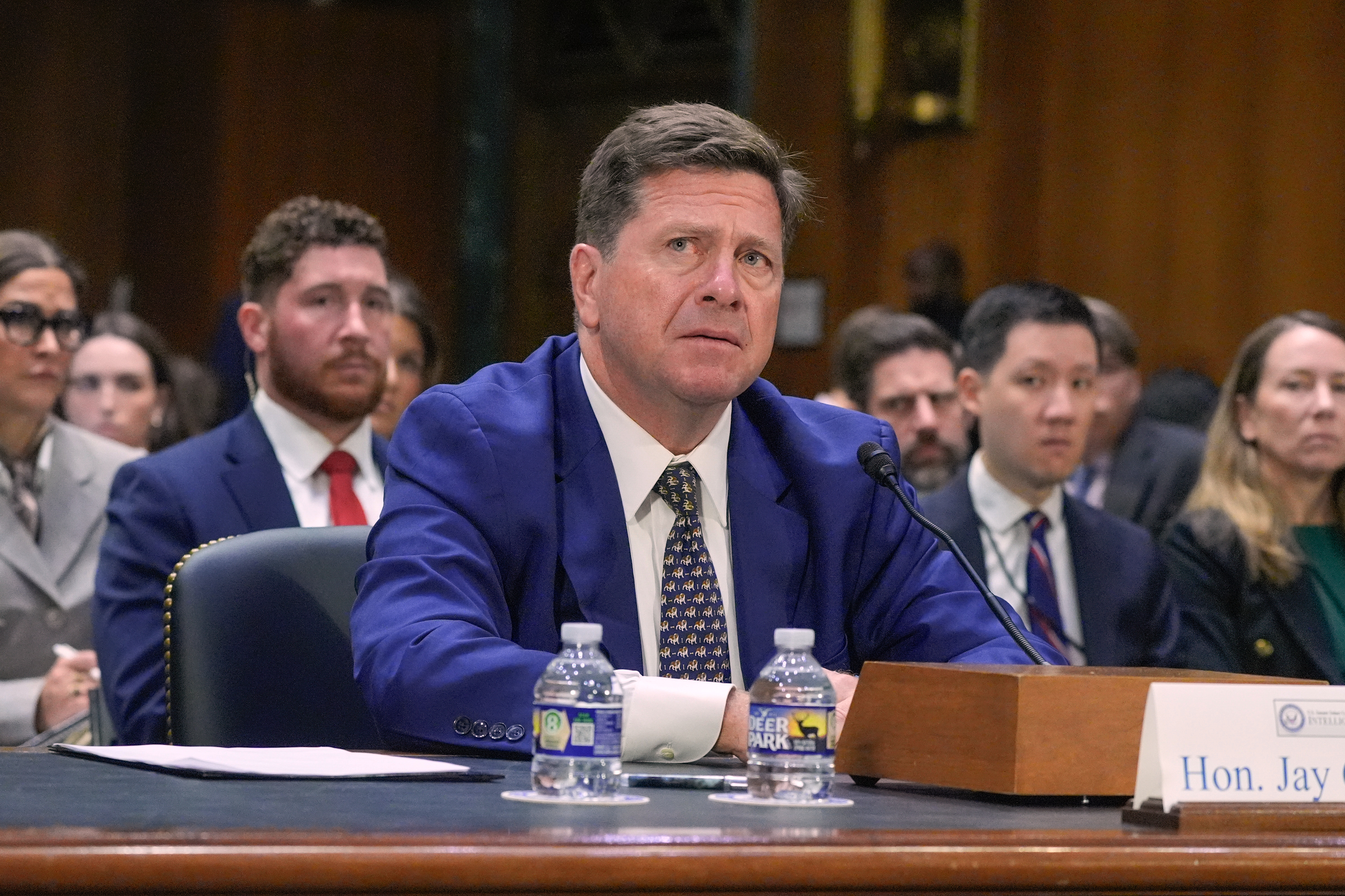 Jay Clayton testifies during a Senate Intelligence Committee confirmation hearing to be the next Director of National Intelligence on Capitol Hill, Wednesday, July 15, 2026, in Washington. 
