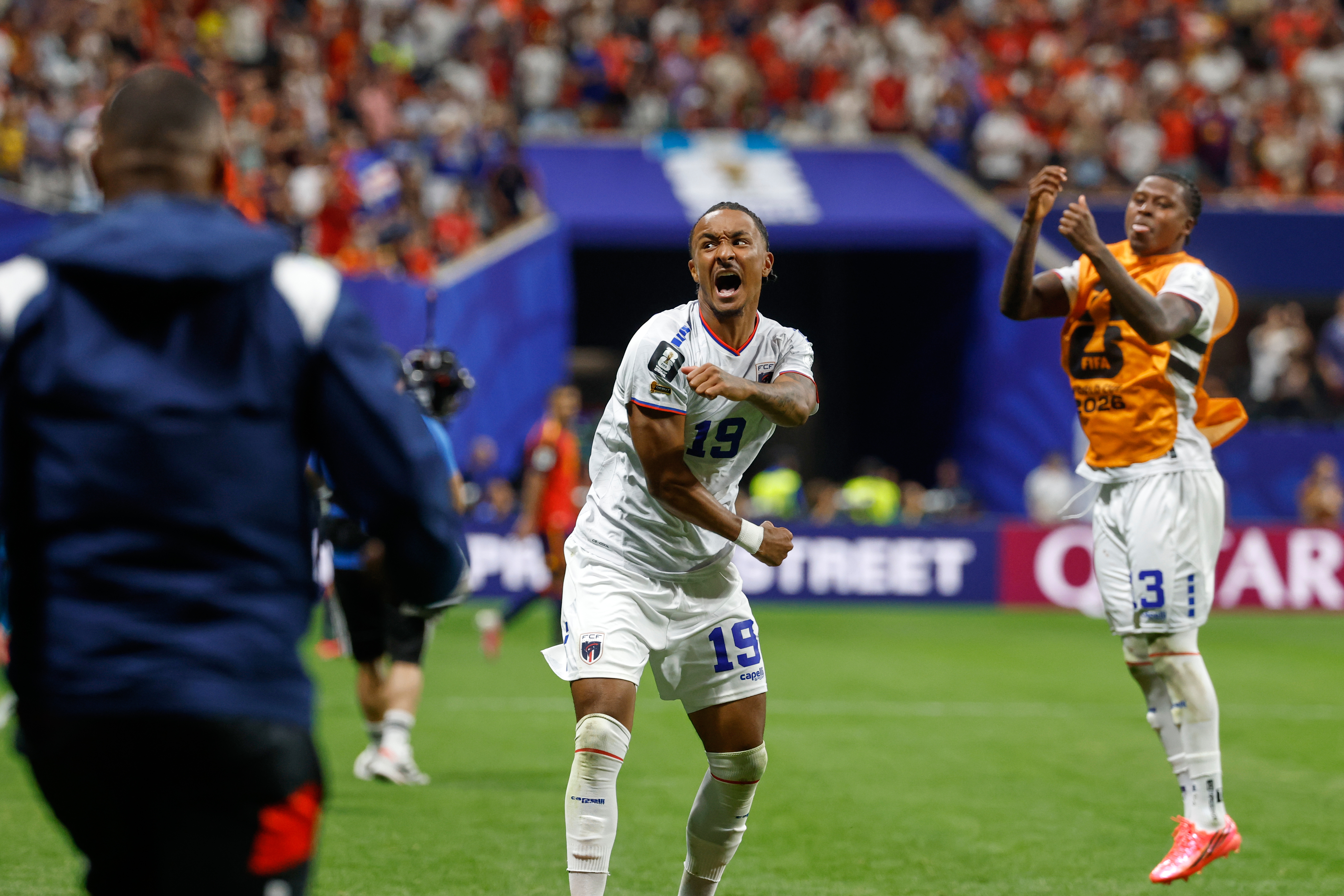 Cabo Verde's Dailon Livramento, center, and Cabo Verde's Sidny Lopes Cabral celebrate after the World Cup Group H soccer match between Spain and Cape Verde in Atlanta, Monday, June 15, 2026.