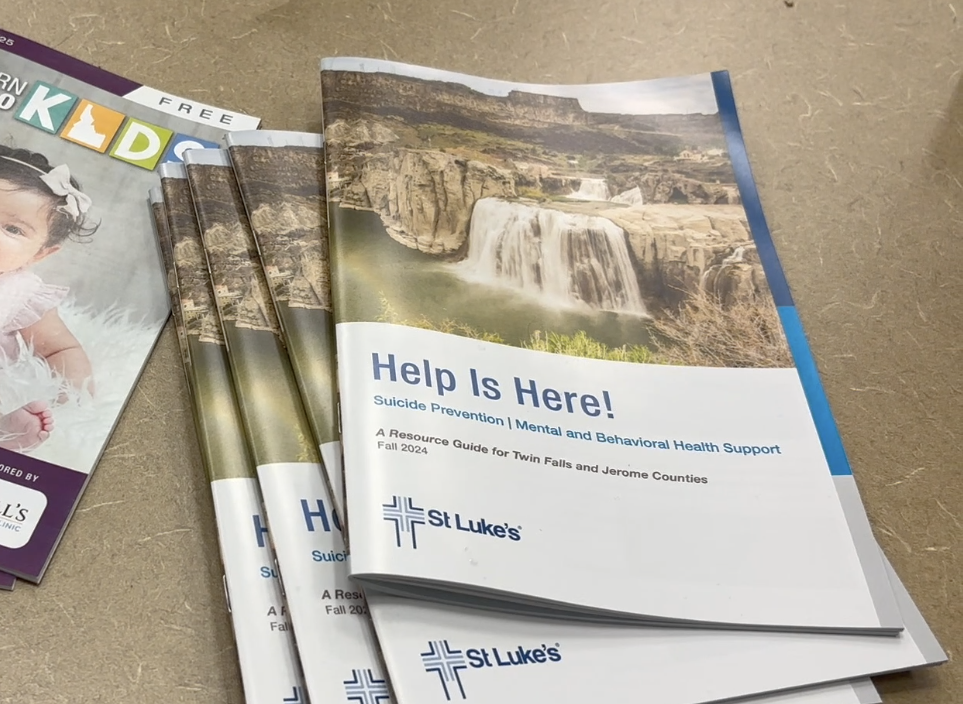 A stack of Help is Here brochures seen at  St. Luke's Twin Falls on Thursday, Feb. 27, 2025