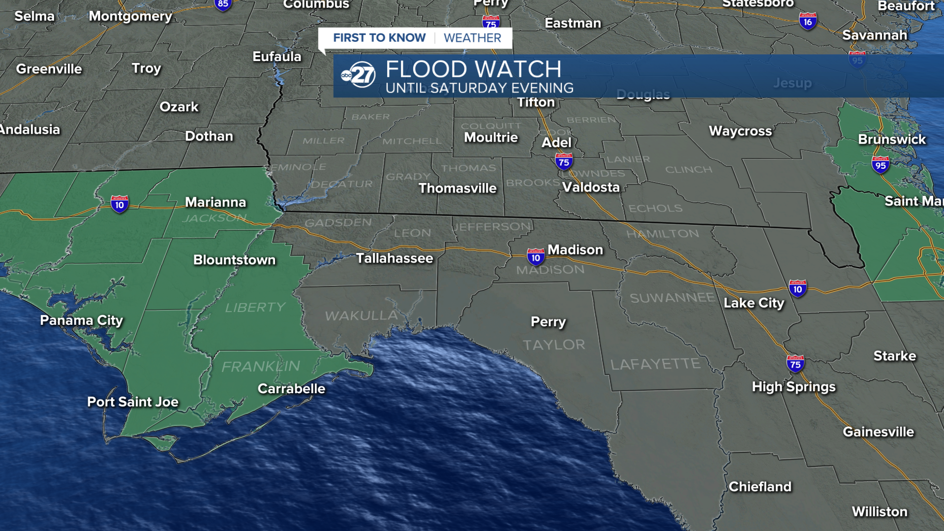 A flood watch is in effect for parts of the Big Bend through Saturday evening