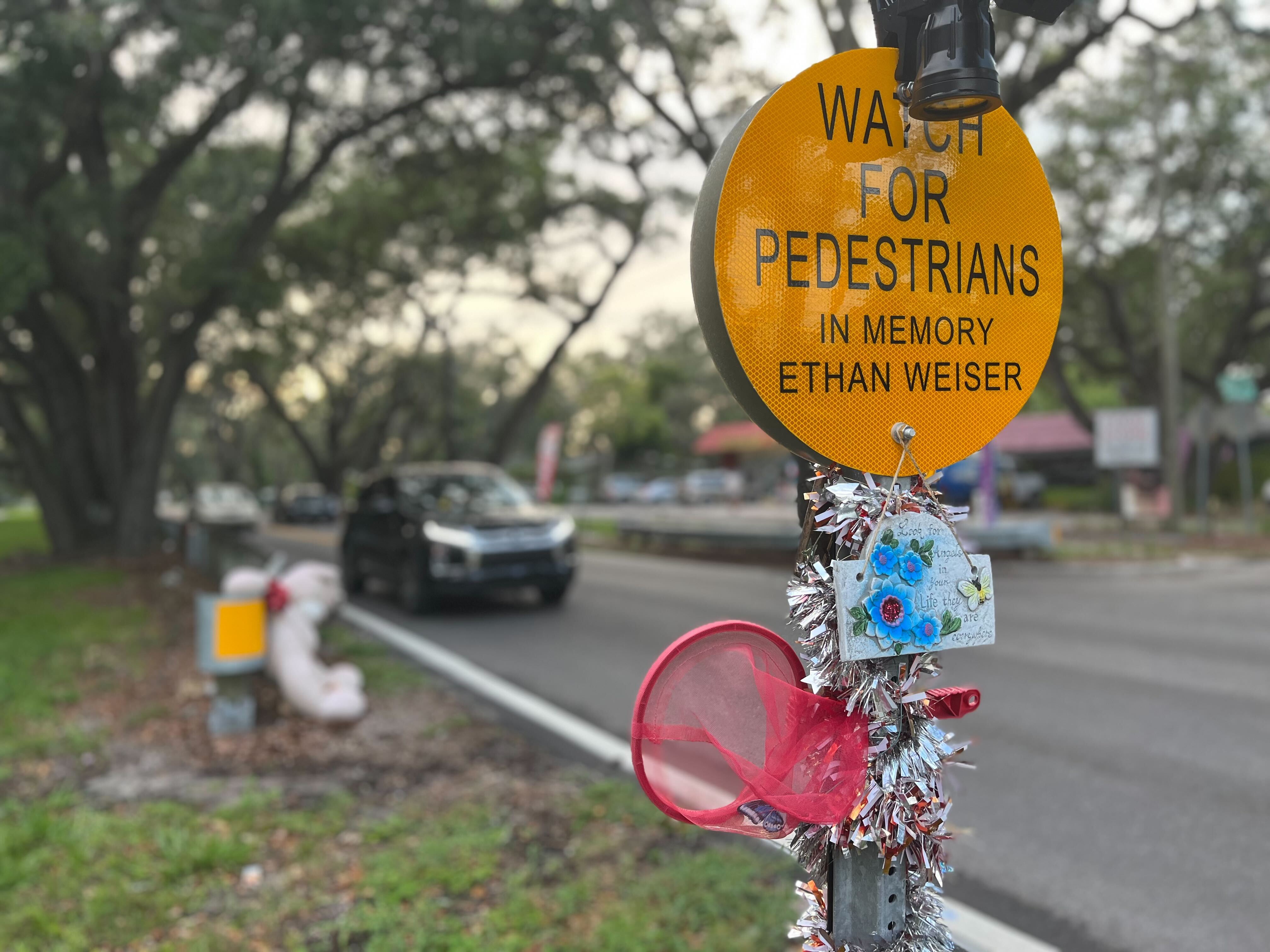 Pedestrian sign in memory of Ethan Weiser