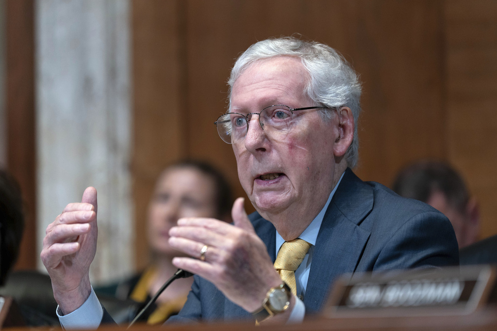 Sen. Mitch McConnell, R-Ky., speaks during a Senate Committee on Appropriations subcommittee hearing to review the Fiscal Year 2026 budget request for the U.S. Department of State on Capitol Hill in Washington, May 20, 2025. 