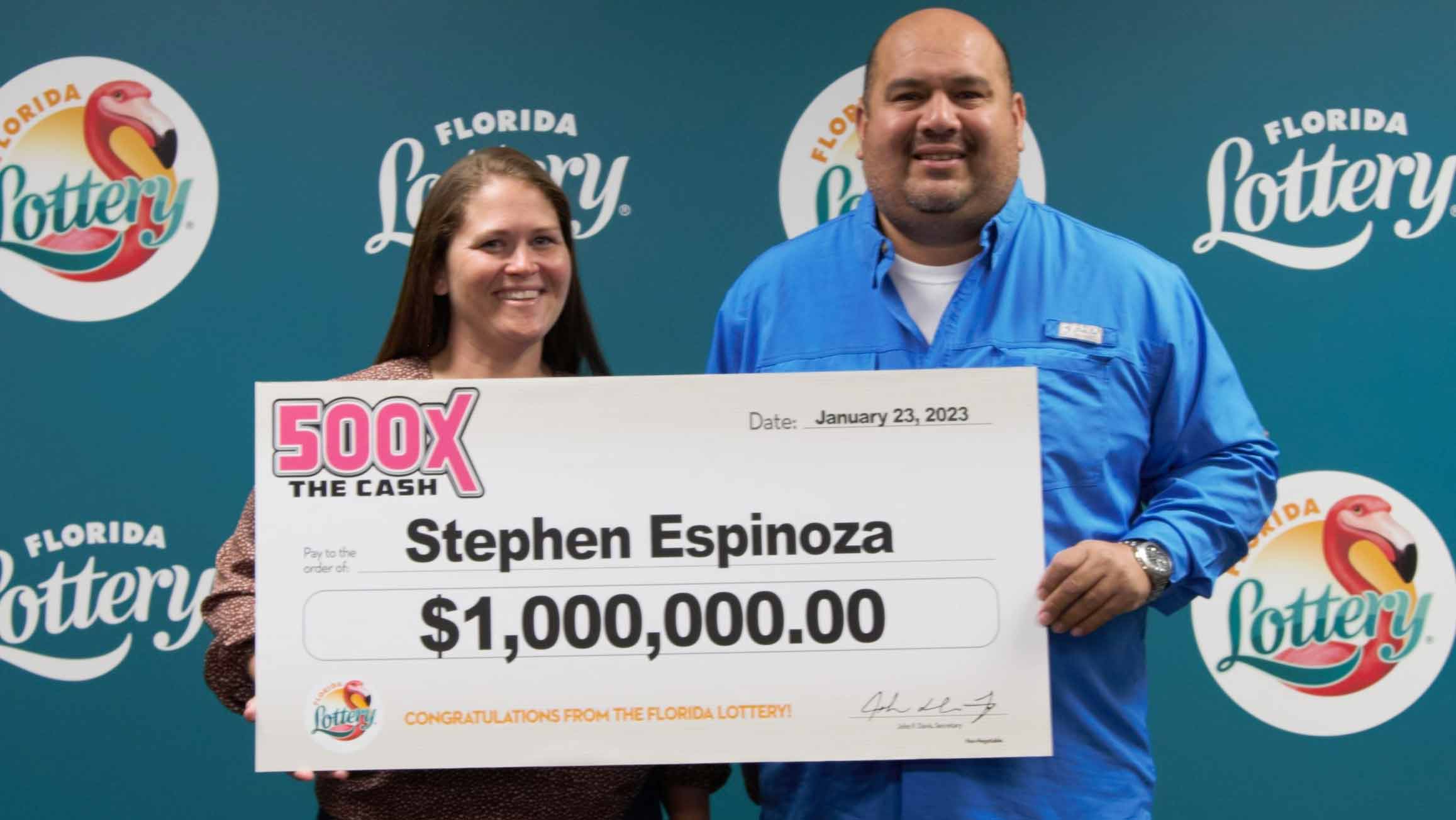 Florida Lottery officials announced on Jan. 25, 2023, that Stephen Munoz Espinoza, 43, of Delray Beach, claimed a $1 million prize from the 500X THE CASH scratch-off game. 