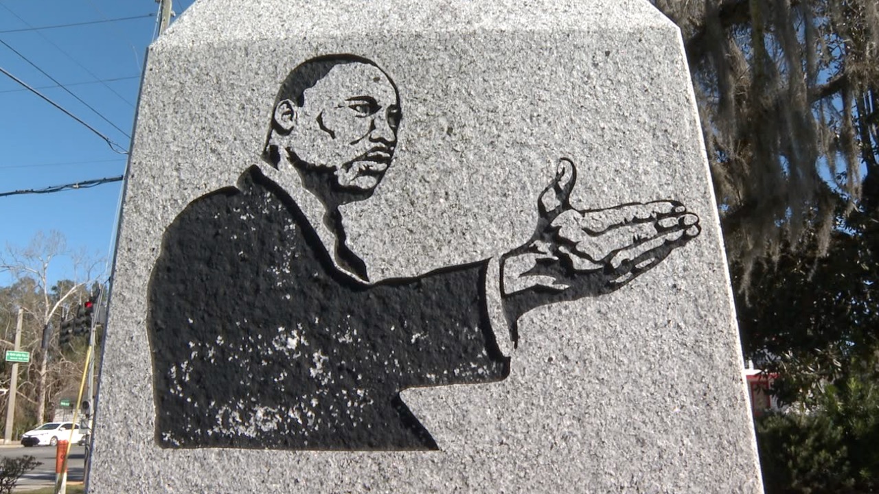 Dr. Martin Luther King Jr.'s engraving on a monument outside the Wakulla County Courthouse.