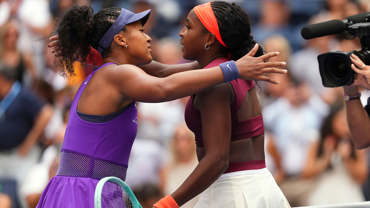 Naomi Osaka, left, of Japan, greets Coco Gauff, of the United States, after their match in the fourth round of the US Open tennis championships, Monday, Sept. 1, 2025, in New York. 