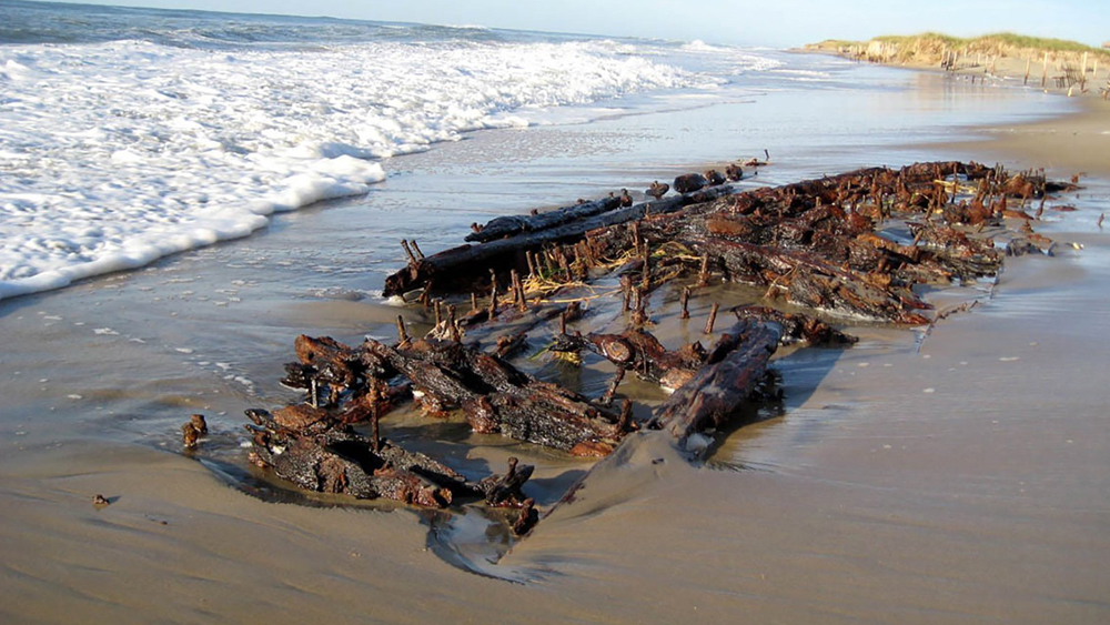 A storm briefly uncovered the wreckage of a ship in Hatteras, North Carolina.