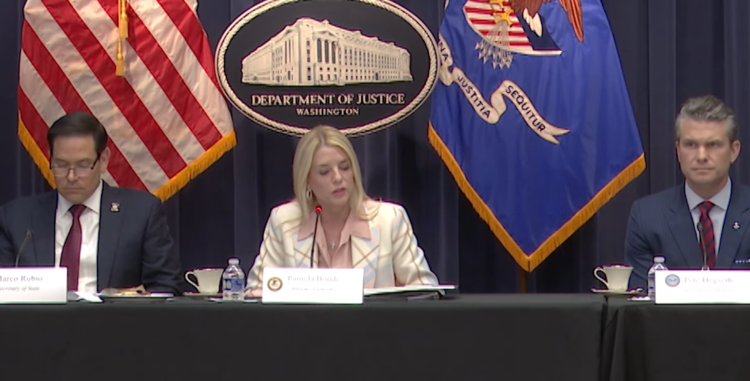 Attorney General Pamela Bondi, Deputy Attorney General Todd Blanche, and Assistant Attorney General Harmeet K. Dhillon.