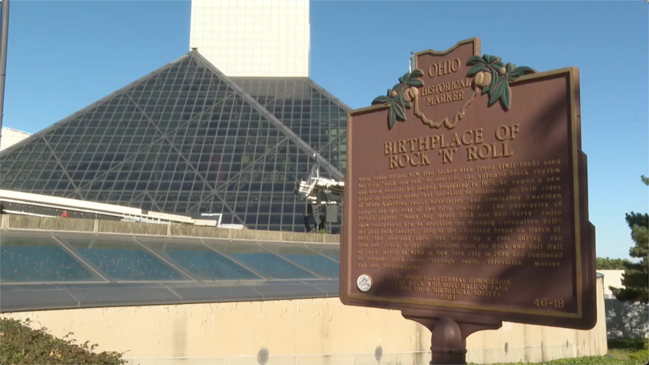 A sign outside the Rock & Roll Museum in Cleveland, Ohio.