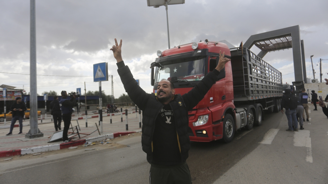 A Jordanian humanitarian aid convoy enters the Gaza Strip from Egypt.