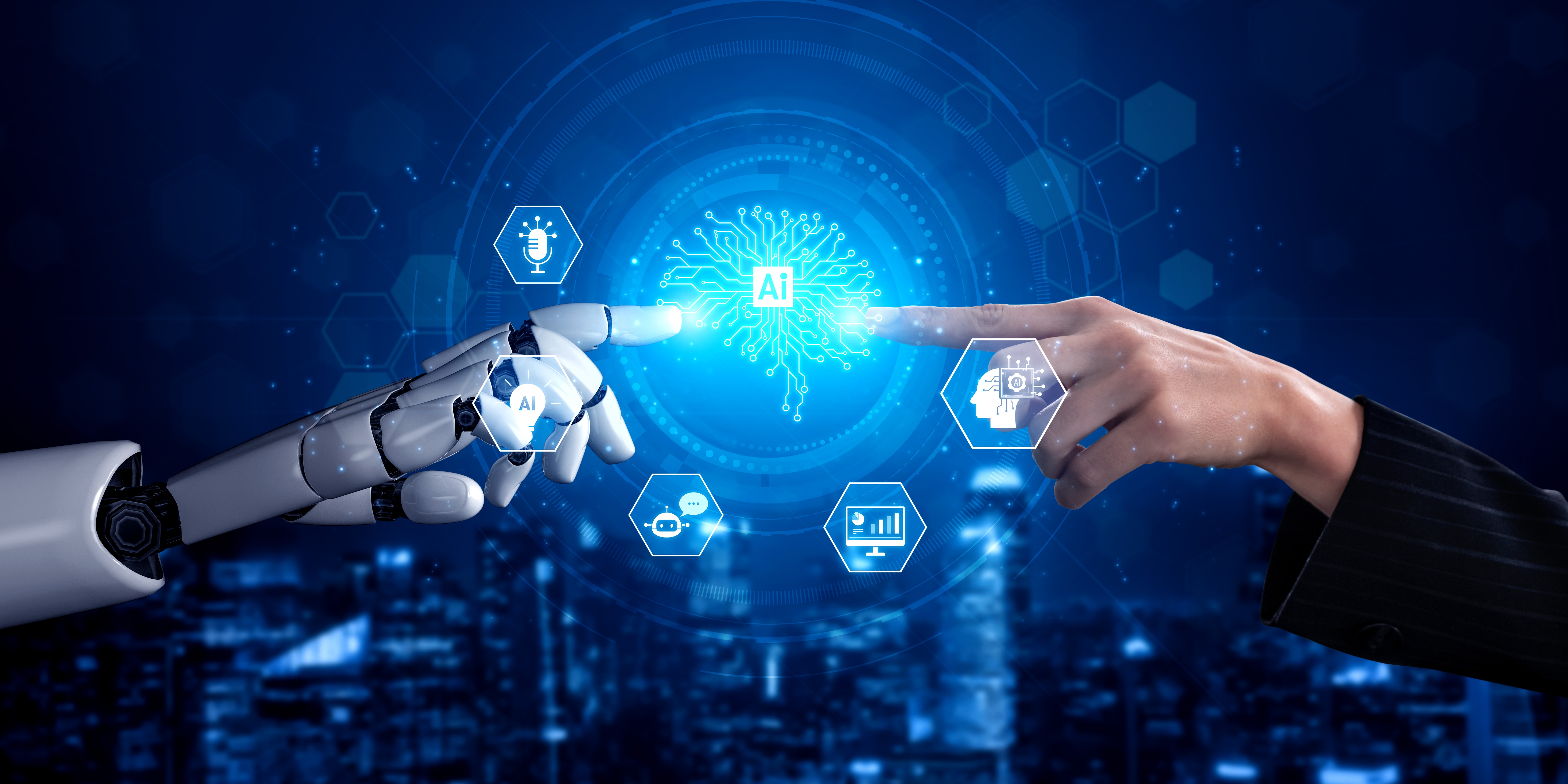 AI and human reaching out to one another.
