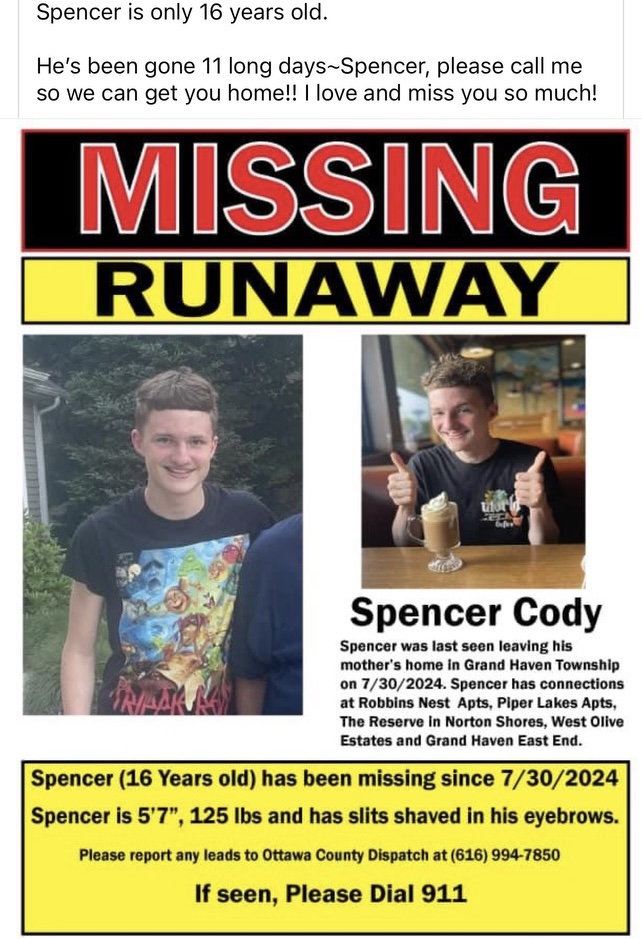 16-year-old Spencer Cody has run away from home 
