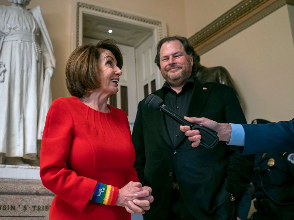 Speaker of the House Nancy Pelosi, joined by internet entrepreneur Marc Benioff,