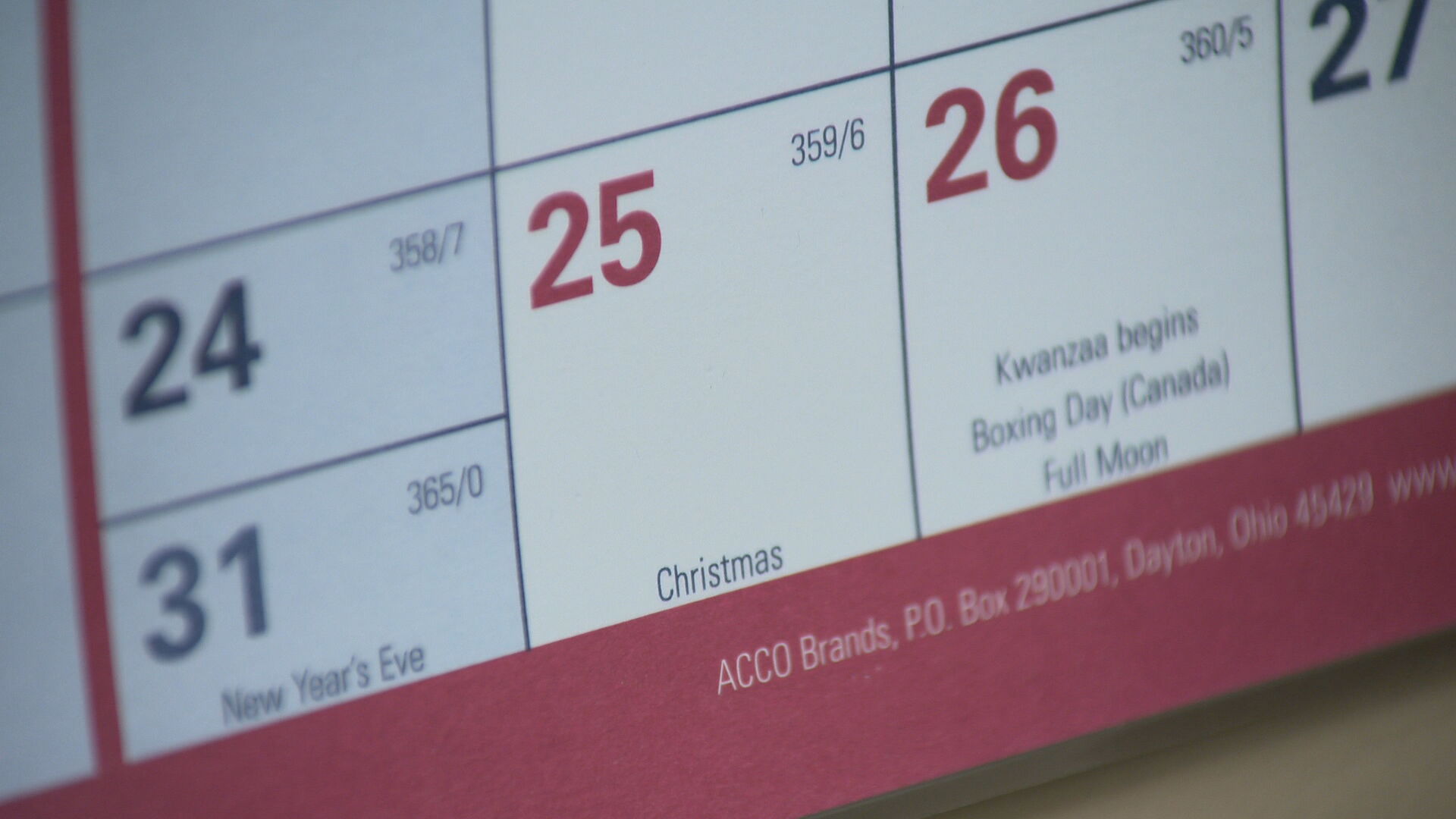 Christmas on the calendar