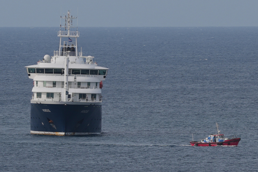 The MV Hondius cruise ship is anchored at a port in Praia, Cape Verde, Wednesday, May 6, 2026. 