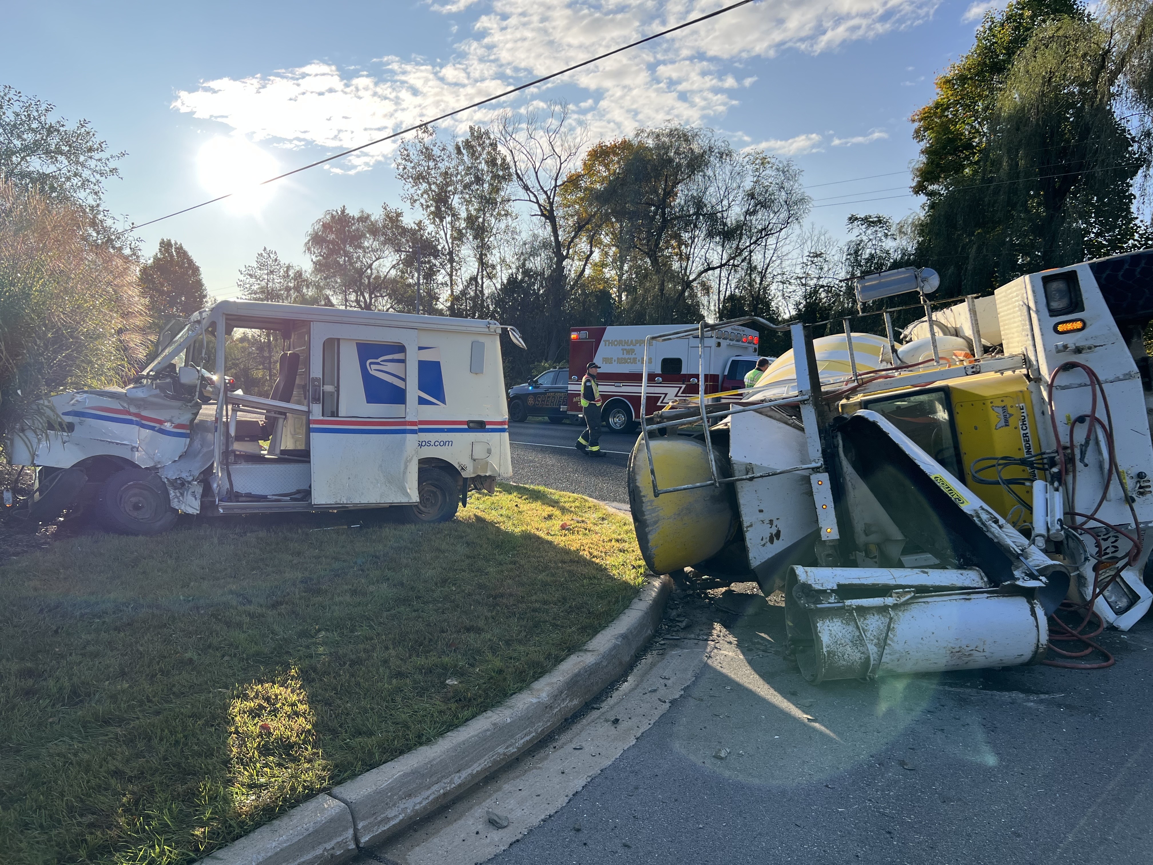 Cement truck collides with USPS carrier vehicle in Caledonia