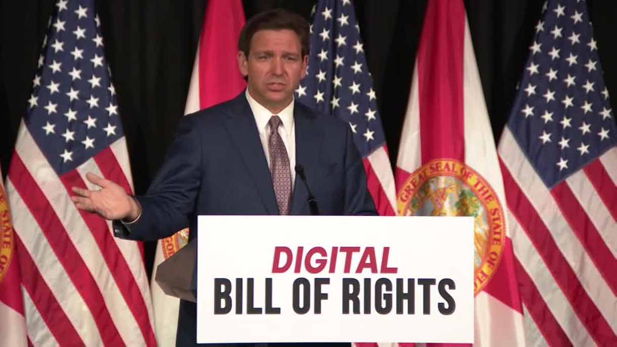 Gov. Ron DeSantis holds a news conference in West Palm Beach at Palm Beach Atlantic University on Feb. 15, 2023.