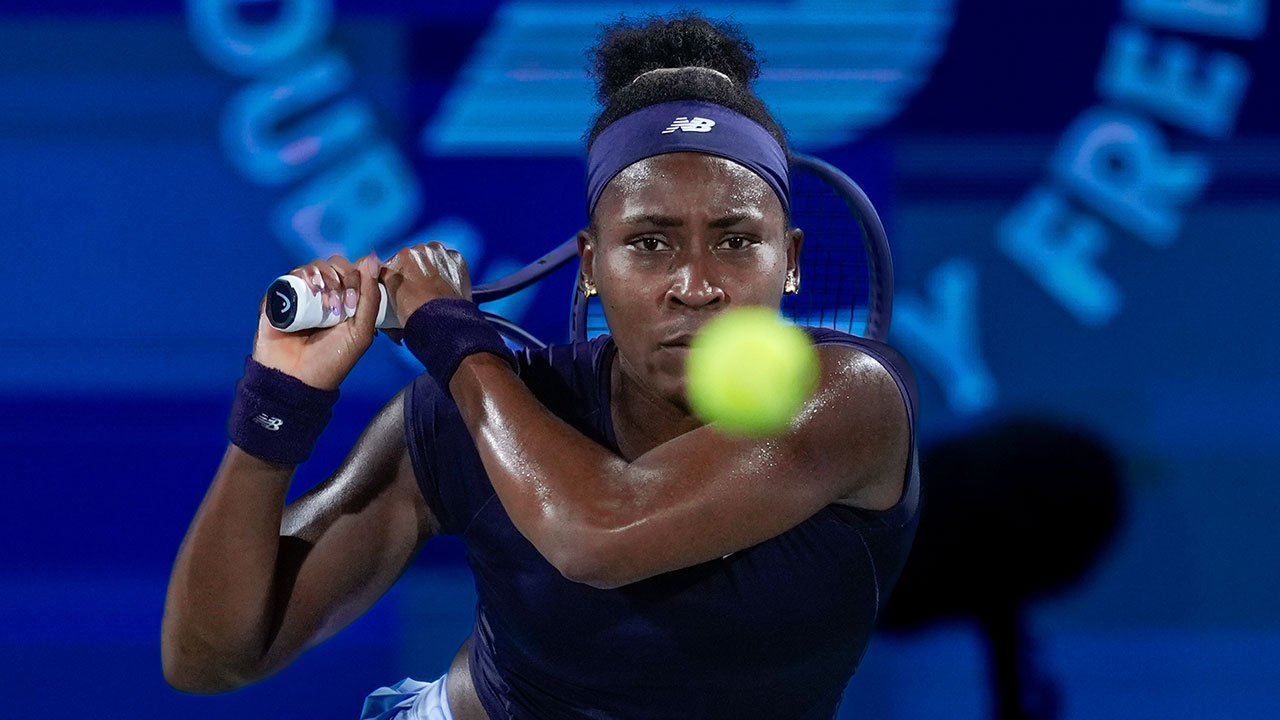 Coco Gauff of the U.S. returns the ball to Alexandra Eala of the Philippines during the Dubai Duty Free Tennis Championship quarter-final match in Dubai, United Arab Emirates, Thursday, Feb. 19, 2026.