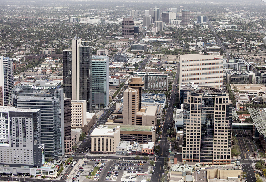 PHOENIX, ARIZONA- MARCH 13, 2014: A low aerial flyover of the do