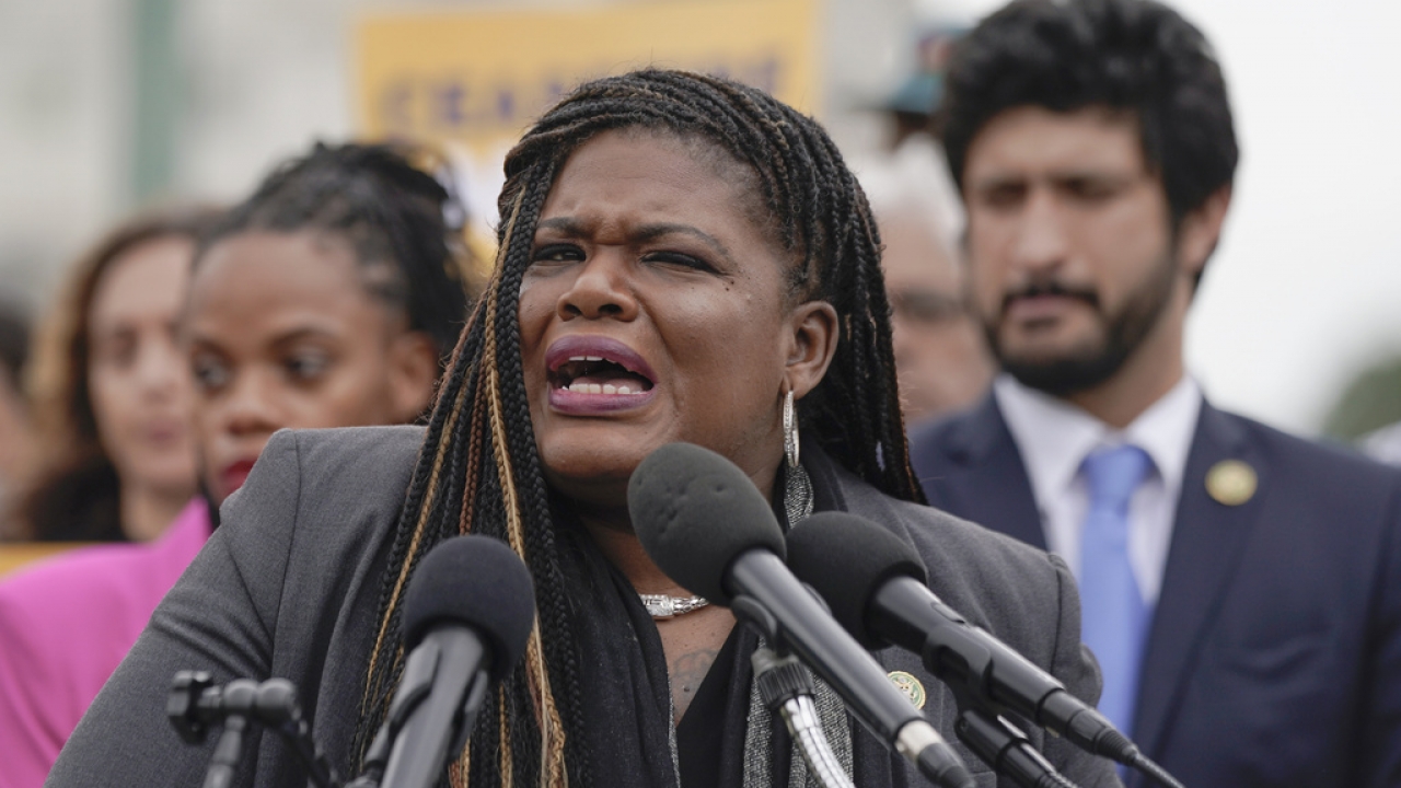 Rep. Cori Bush, (D) MO, speaks at a news conference.