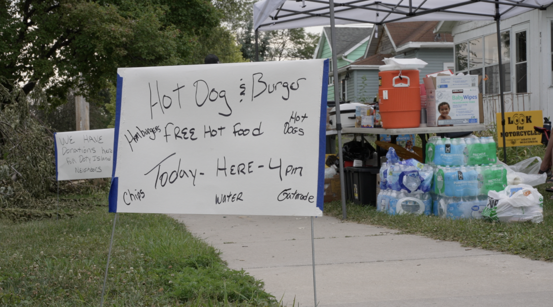 A charity tent handing out free food, water and other supplies on Doty Island.