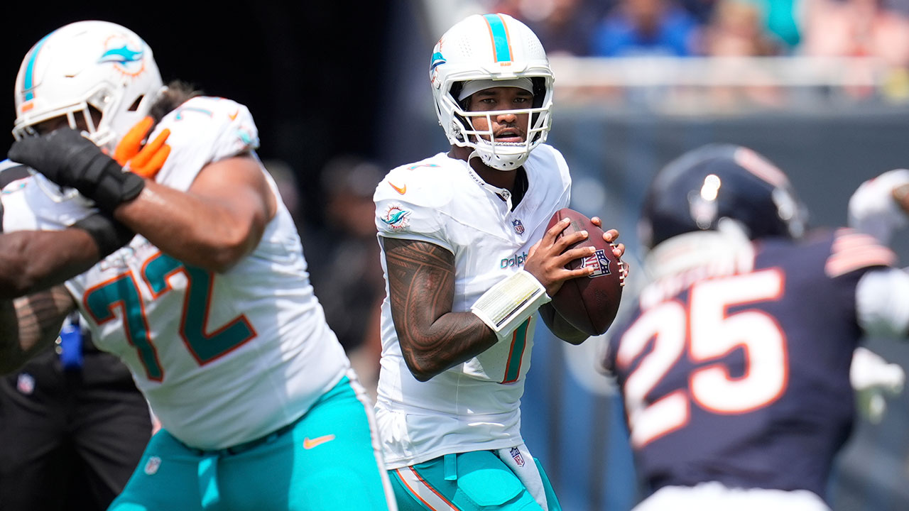Miami Dolphins quarterback Tua Tagovailoa looks to pass during the first half of an NFL preseason football game against the Chicago Bears, Sunday, Aug. 10, 2025, in Chicago. 