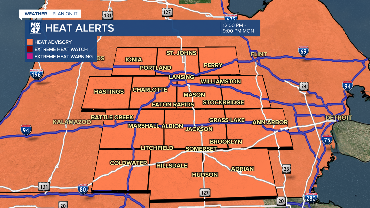 Heat Advisory in effect starting Noon Monday