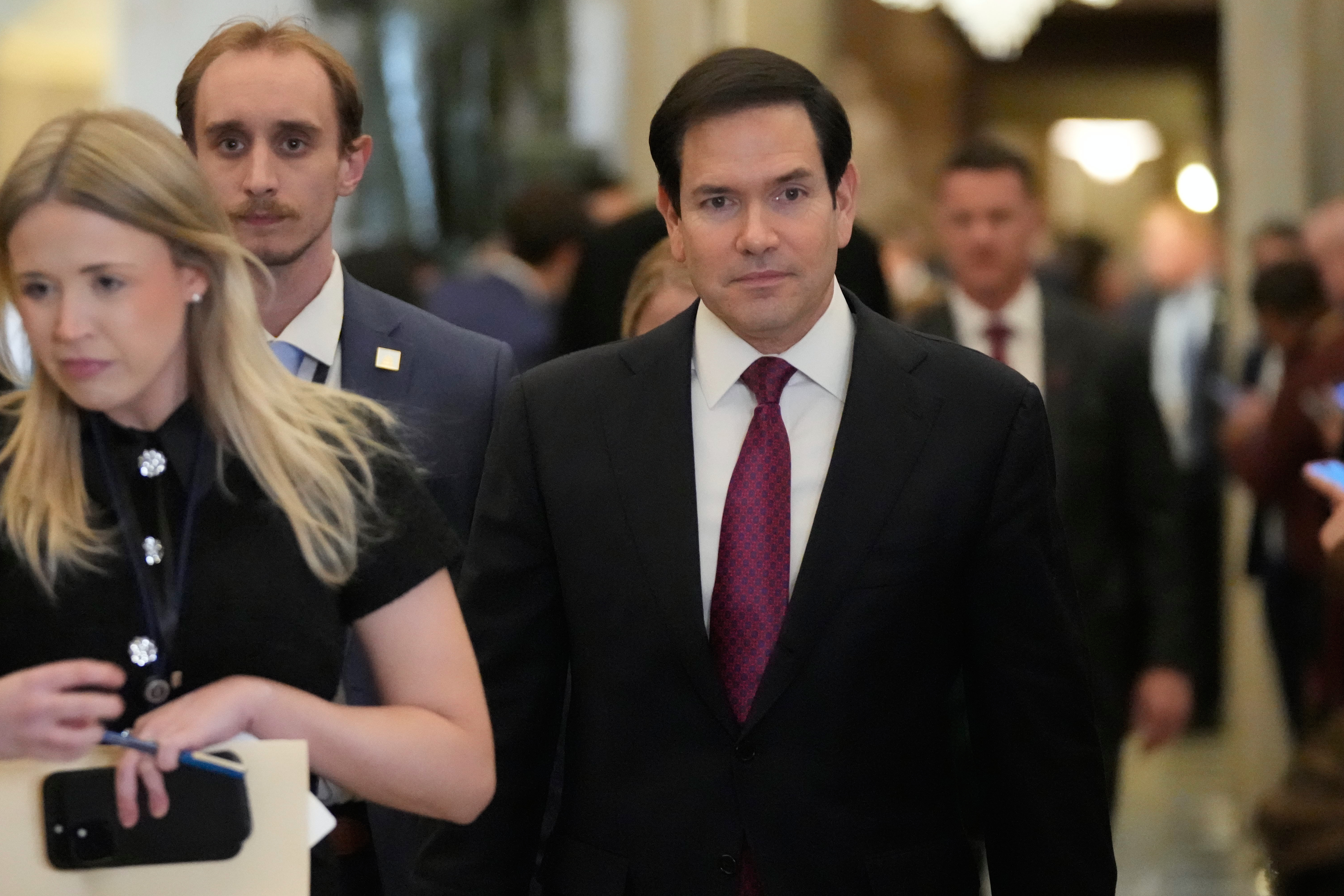 Secretary of State Marco Rubio arrives before President Donald Trump delivers the State of the Union address to a joint session of Congress in the House chamber at the U.S. Capitol in Washington, Tuesday, Feb. 24, 2026. 