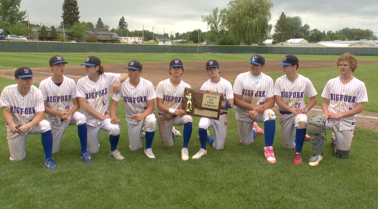 Bigfork Baseball players pose with the A/B State Championship trophy at O'Malley Field, Polson, May 30, 2026
