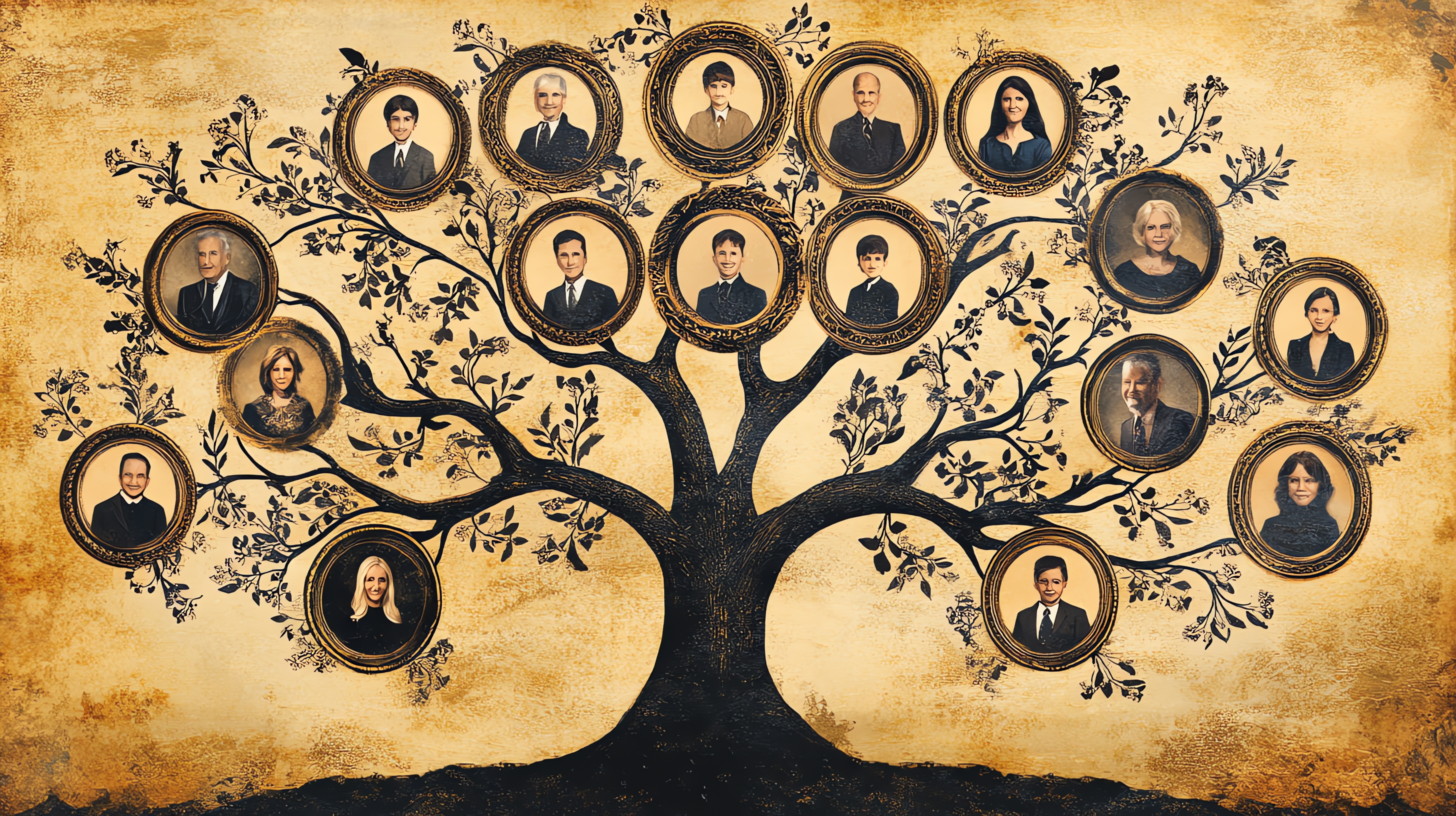 Family tree with antique portrait frames.