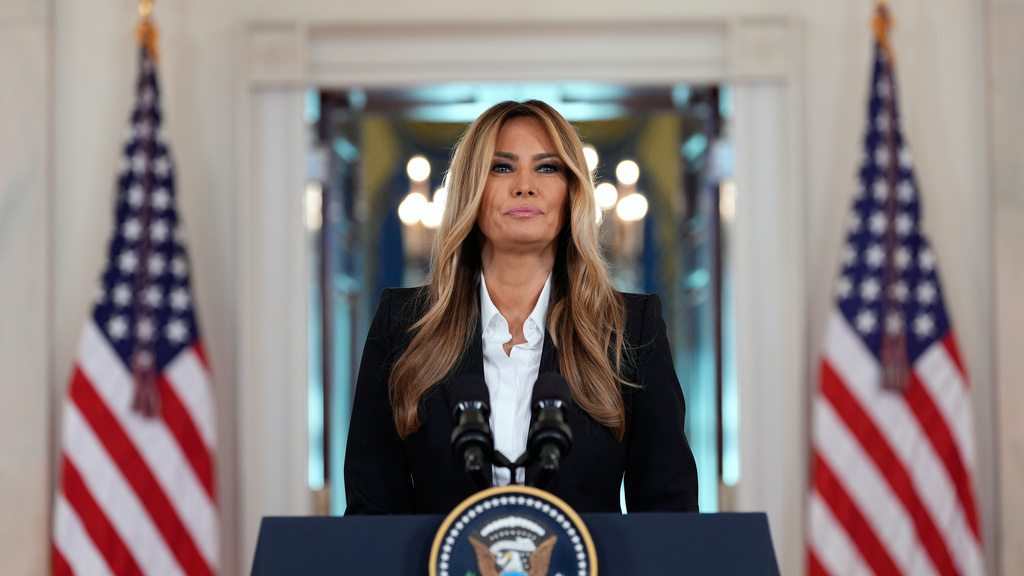 First lady Melania Trump speaks in the Grand Foyer of the White House, Friday, Oct. 10, 2025, in Washington. 
