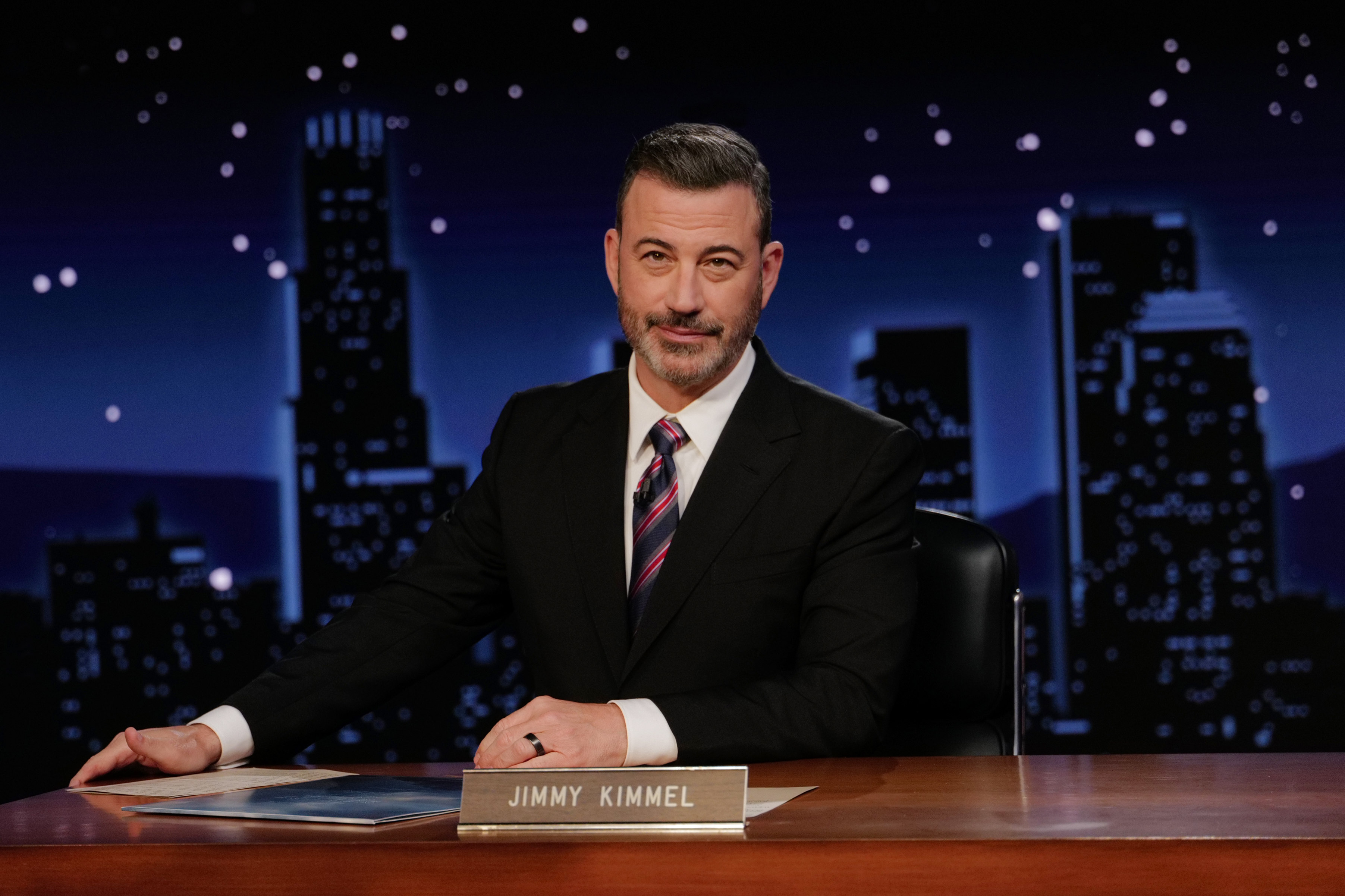 This image released by Disney shows Jimmy Kimmel hosting his late night show "Jimmy Kimmel Live!" in Los Angeles on Tuesday, Sept. 23, 2025. 
