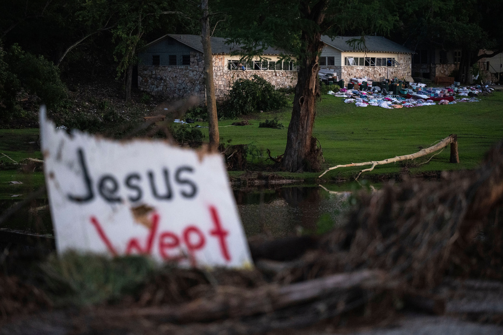 Belongings sit outside one of Camp Mystic's cabins near the Guadalupe River, July 7, 2025, in Hunt, Texas, after a flash flood swept through the area. 