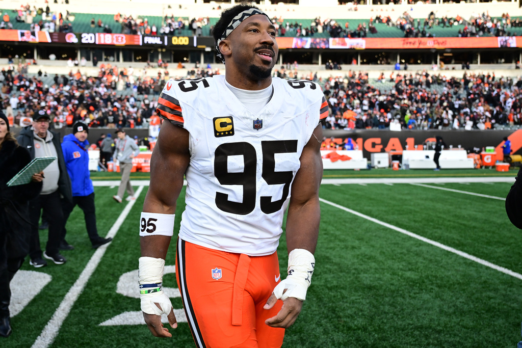 Cleveland Browns defensive end Myles Garrett smiles after an NFL football game against the Cincinnati Bengals in Cincinnati, Sunday, Jan. 4, 2026.