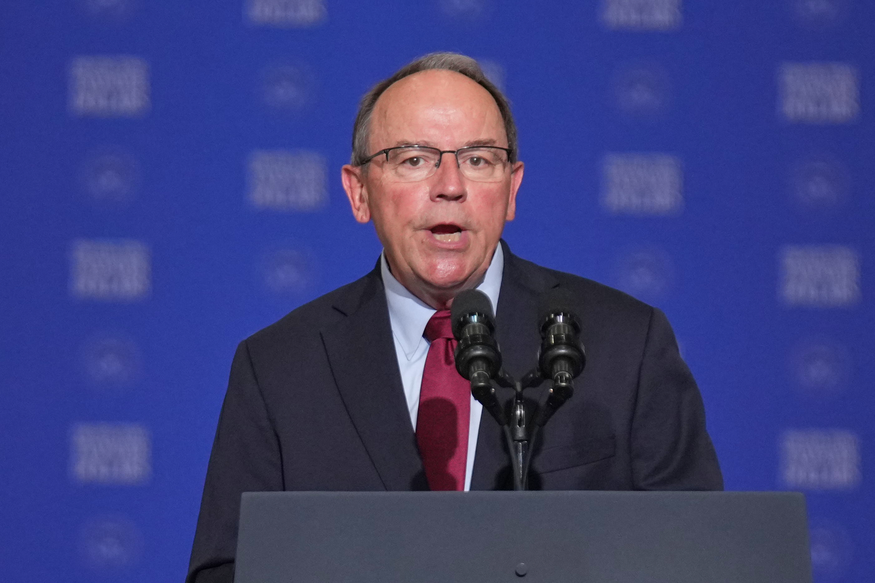 FILE - Rep. Tom Tiffany, R-Wis., speaks at the Wisconsin Air National Guard facility at Milwaukee Mitchell International Airport, July 8, 2026, in Milwaukee.