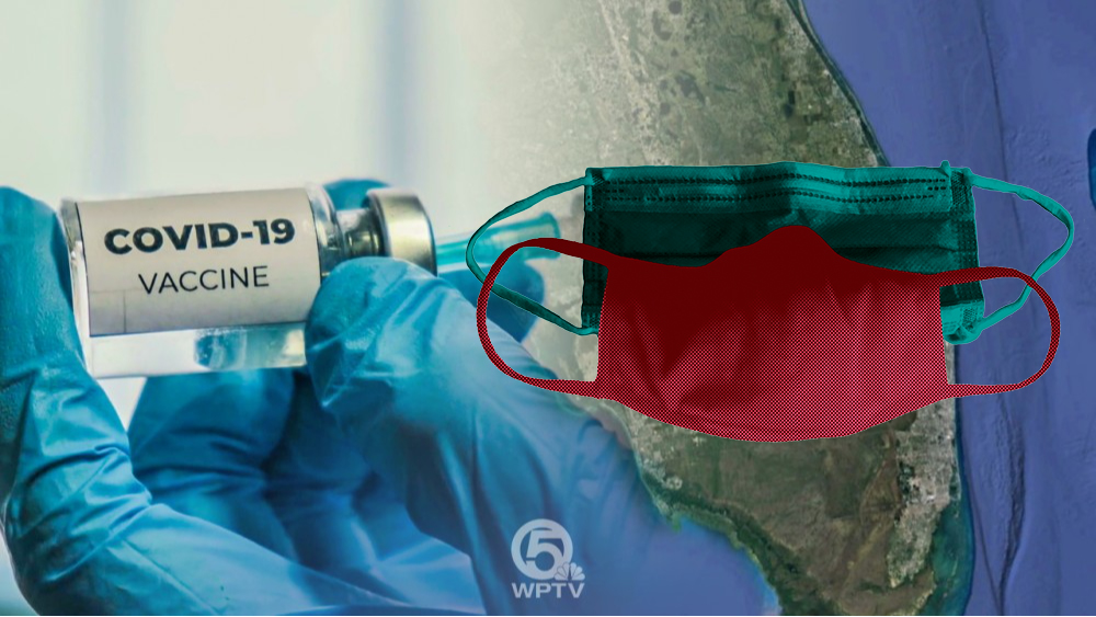 COVID-19 vaccine and masks over state of Florida graphic with WPTV logo