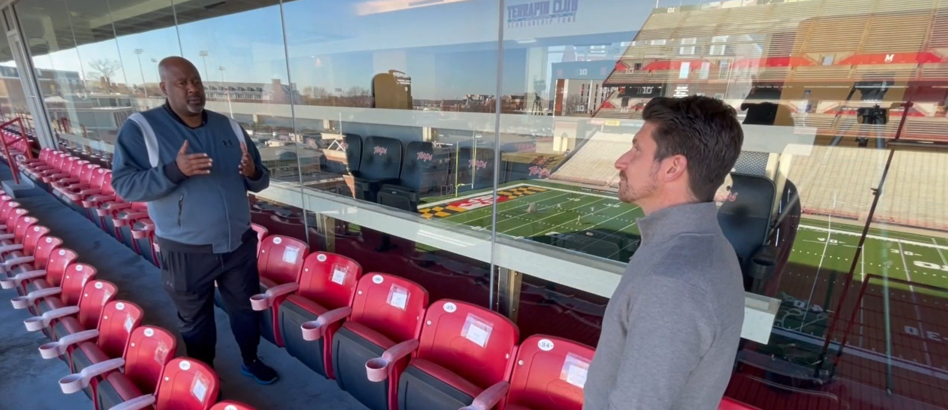 WMAR's Shawn Stepner interviews Terps head coach Mike Locksley in 2021
