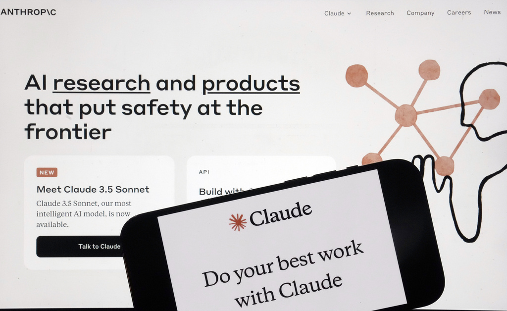 The Anthropic website and mobile phone app are shown in this photo, in New York, Friday, July 5, 2024.