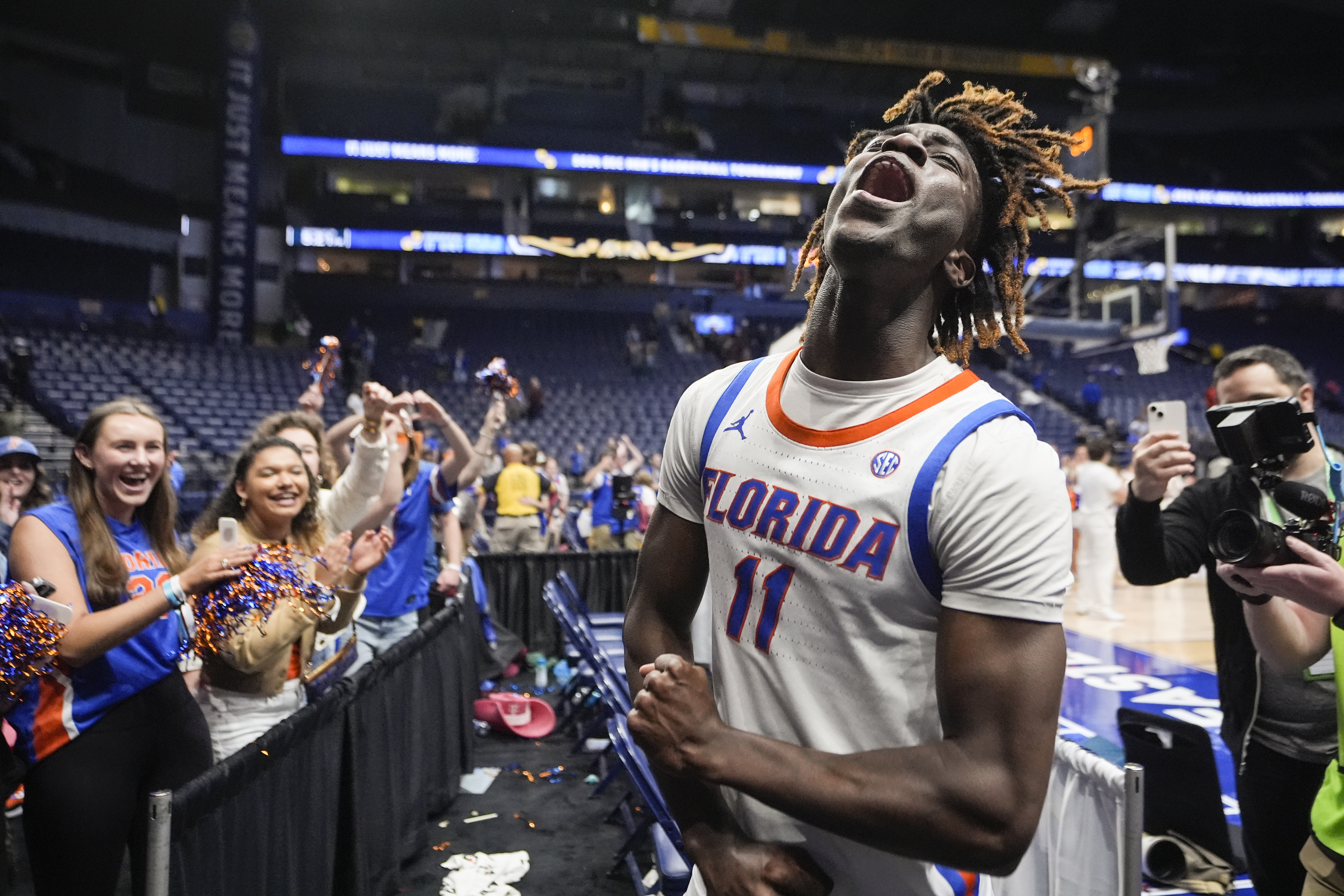Florida Gators guard Denzel Aberdeen reacts after defeating Texas A&M Aggies in SEC Tournament, March 16, 2024