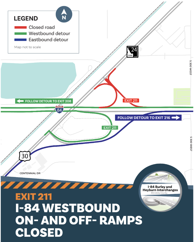 ITD to close Exit 211 (westbound) in Heyburn, allowing for a few weeks of needed work