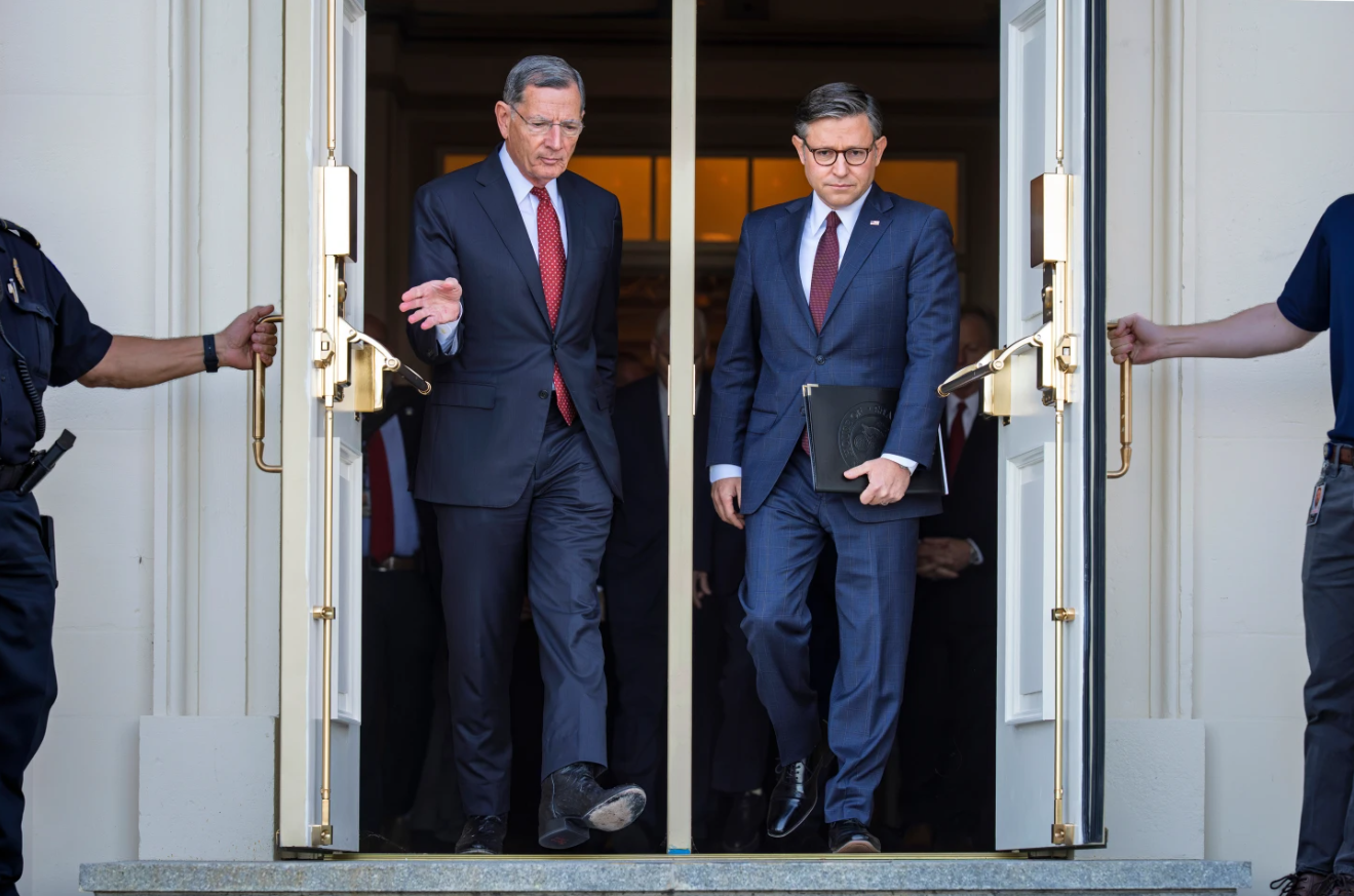 Sen. John Barrasso, R-Wyo., the Senate GOP whip, left, and Speaker of the House Mike Johnson, R-La., arrive for a news conference with top Republicans on the government shutdown, at the capitol in Washington, Oct. 1, 2025.