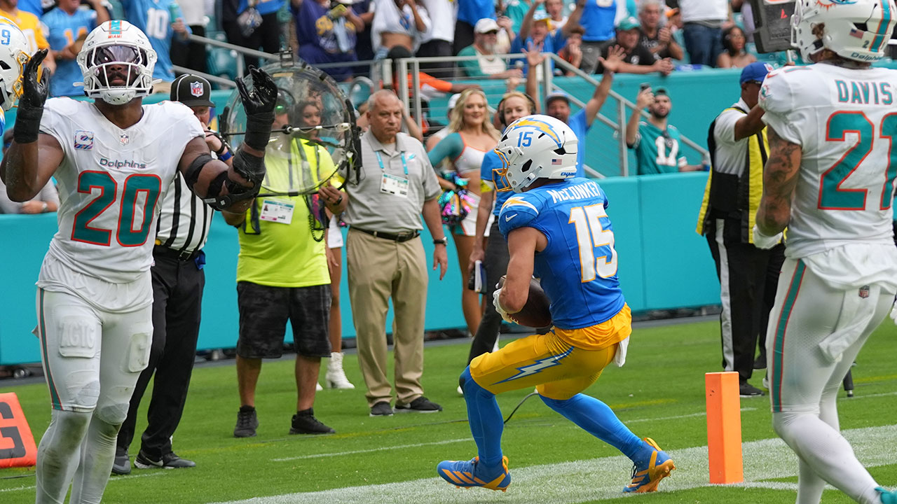 Los Angeles Chargers wide receiver Ladd McConkey (15) scores a touchdown as Miami Dolphins linebacker Jordyn Brooks (20) reacts during the second half of an NFL football game Sunday, Oct. 12, 2025, in Miami Gardens, Fla. 