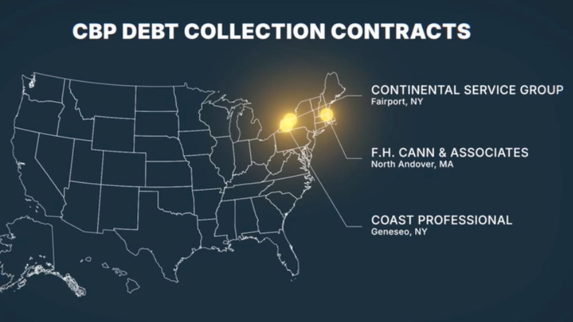 A map of the U.S. showing the locations of three companies contracted by the Department of Homeland Security to collect debts from immigrants.