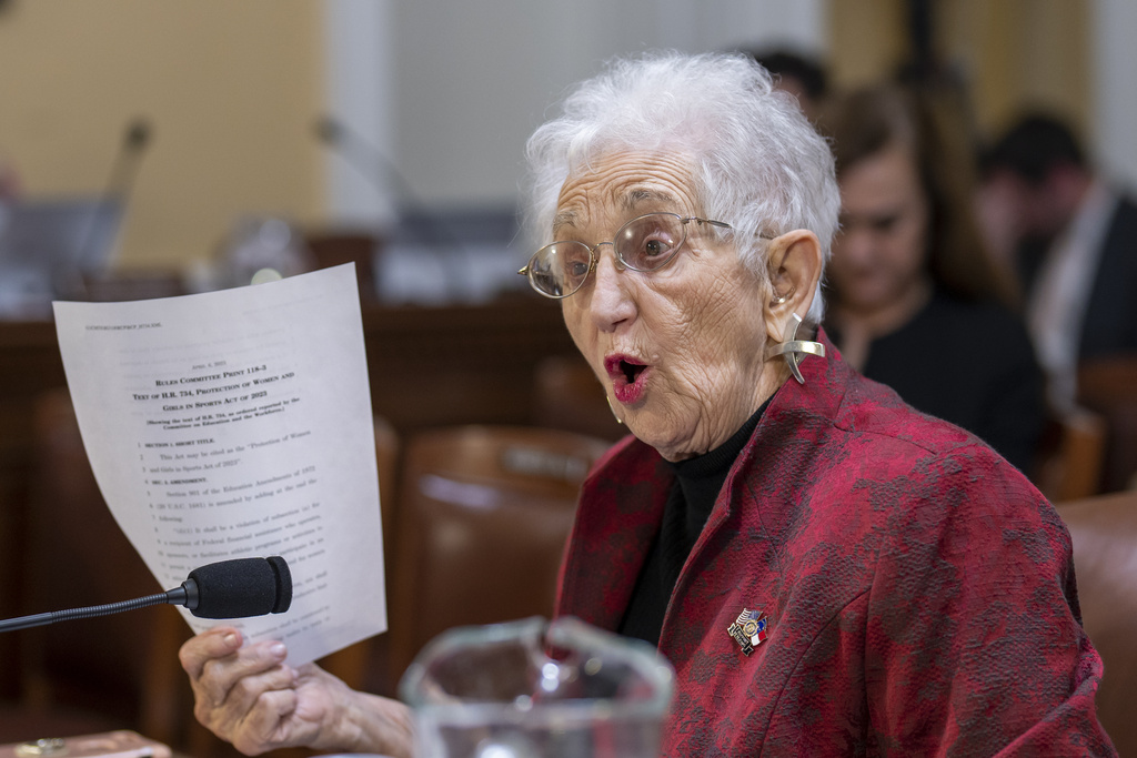 Rep. Virginia Foxx, R-N.C., chair of the House Education and the Workforce Committee, holds up a copy of Republican legislation that would prohibit transgender women and girls from playing on sports teams that match their gender identity, as the House Rules Committee prepares the bill for a floor vote, at the Capitol in Washington, Monday, April 17, 2023. The Protection of Women and Girls in Sports Act of 2023 would amend Title IX, the federal education law that bars sex-based discrimination, to define sex as based solely on a person's reproductive biology and genetics at birth. 