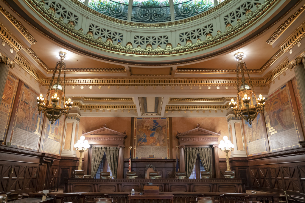  Shown is the Supreme Court of Pennsylvania chamber at the Capitol in Harrisburg, Pa., Tuesday, Feb. 21, 2023.
