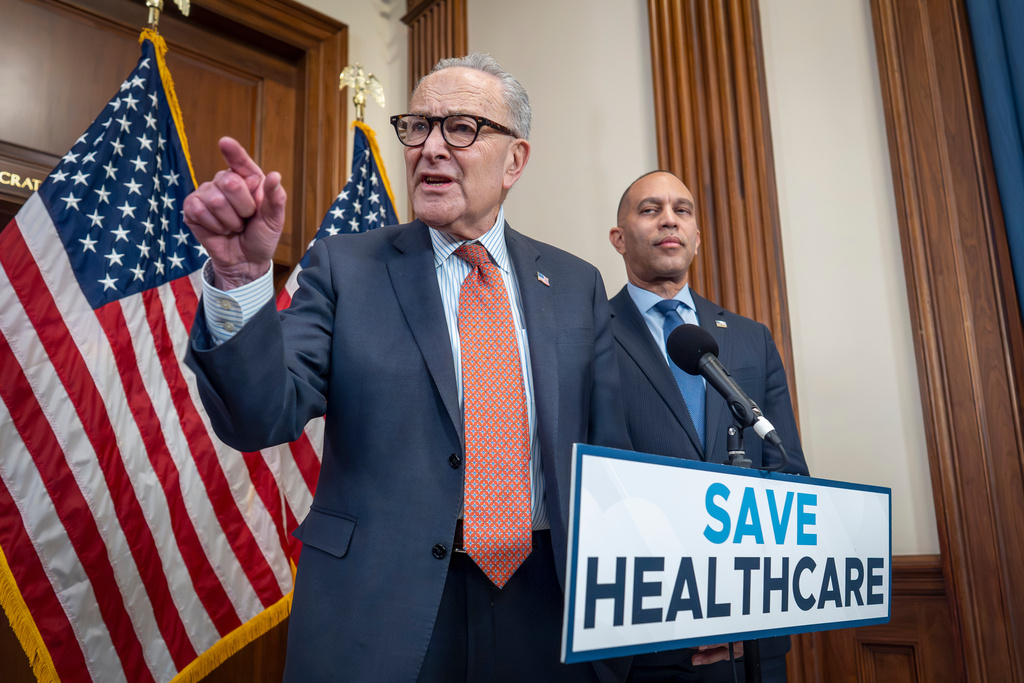 As Congress faces a year-end deadline on Affordable Care Act subsidies, Senate Minority Leader Chuck Schumer, D-N.Y., left, and House Minority Leader Hakeem Jeffries, D-N.Y., meet with reporters about health care affordability, at the Capitol in Washington.