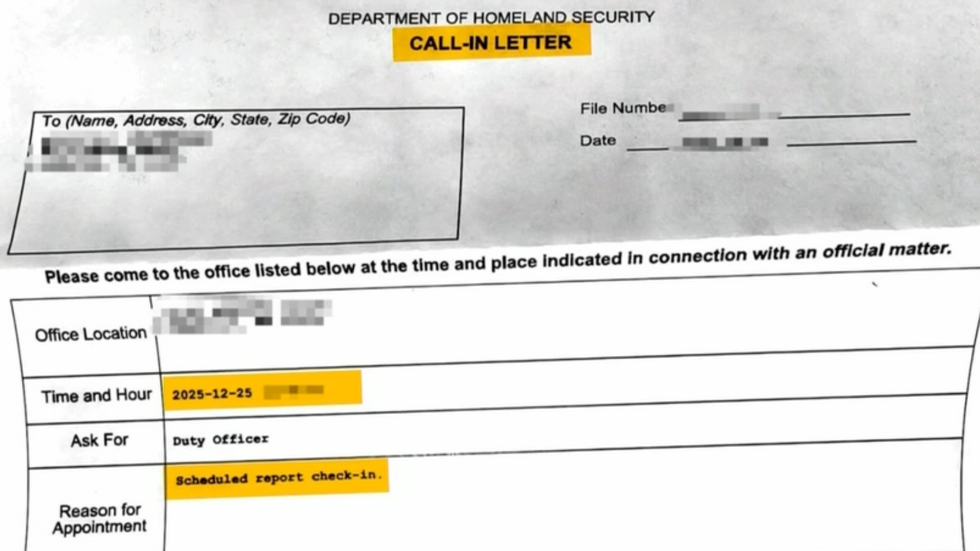 Homeland Security call-in letter Christmas