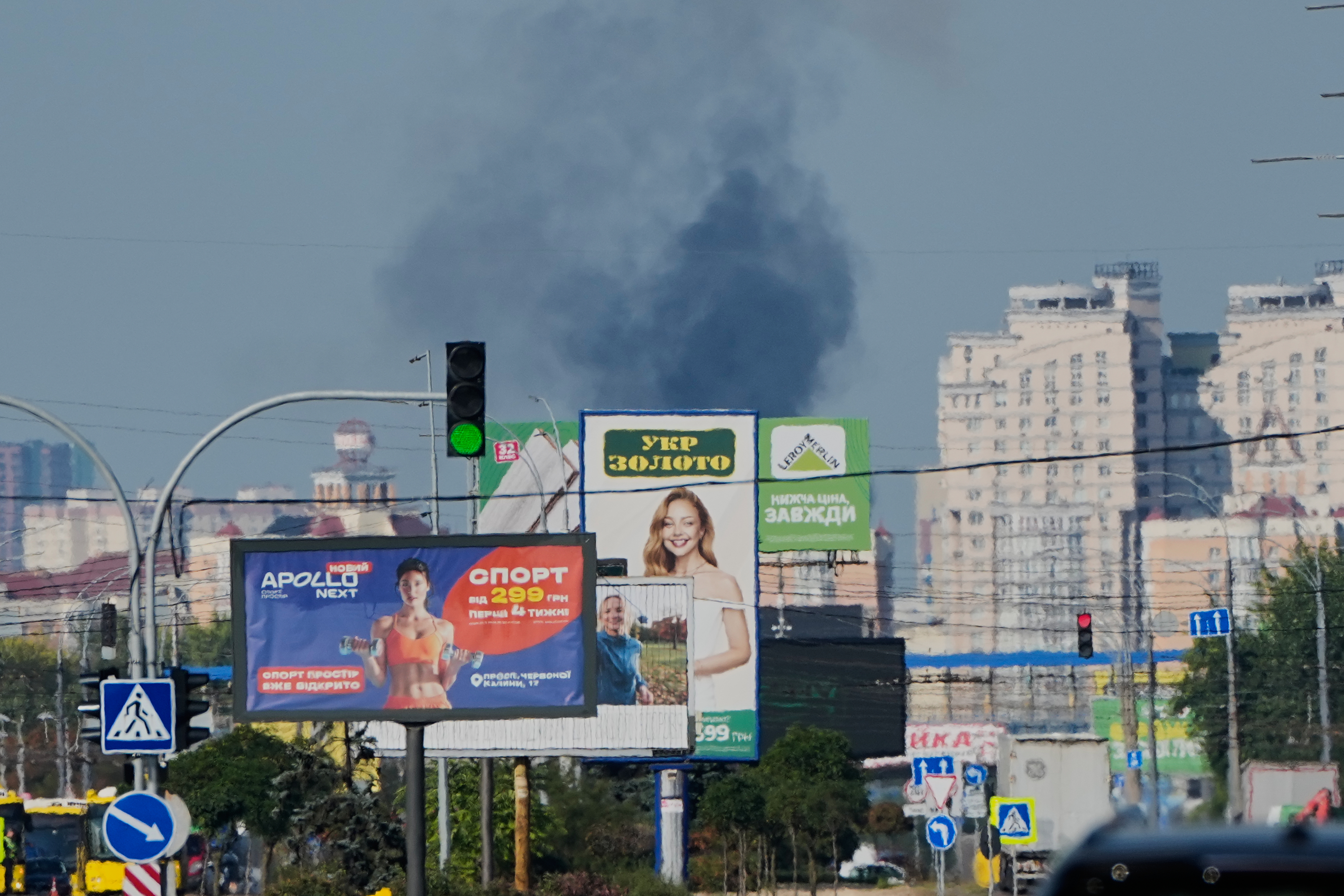 Smoke rises following a Russian drone attack on a residential neighbourhood in Kyiv, Ukraine, Friday, Sept. 11, 2026.