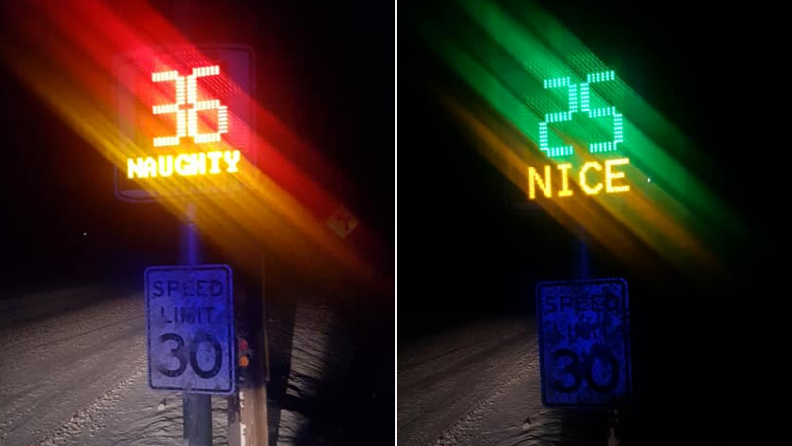 Chester, Vermont traffic radar flashing "naughty" and "nice"